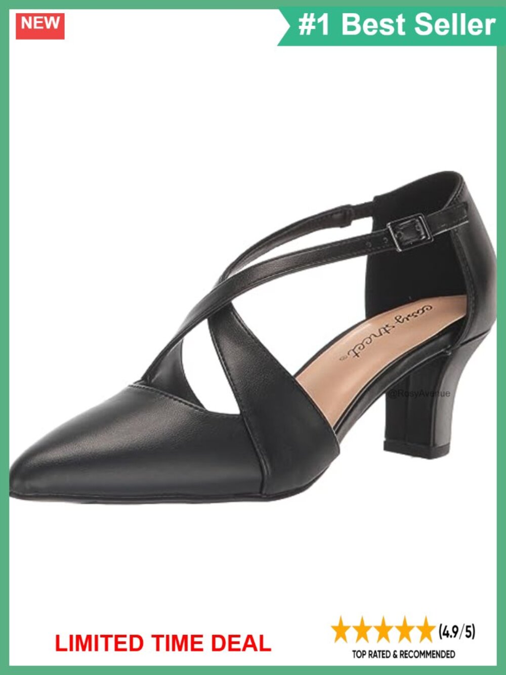 Faux Leather Block Heel Pump with Criss Cross Strap & Adjustable Buckle -